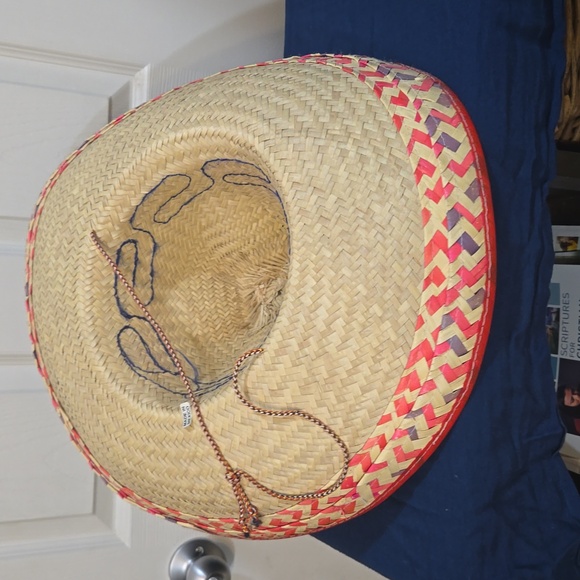 3 for $20 Mexican palm straw Sombrero, multi-colored hat, with chin strap. - Picture 3 of 5